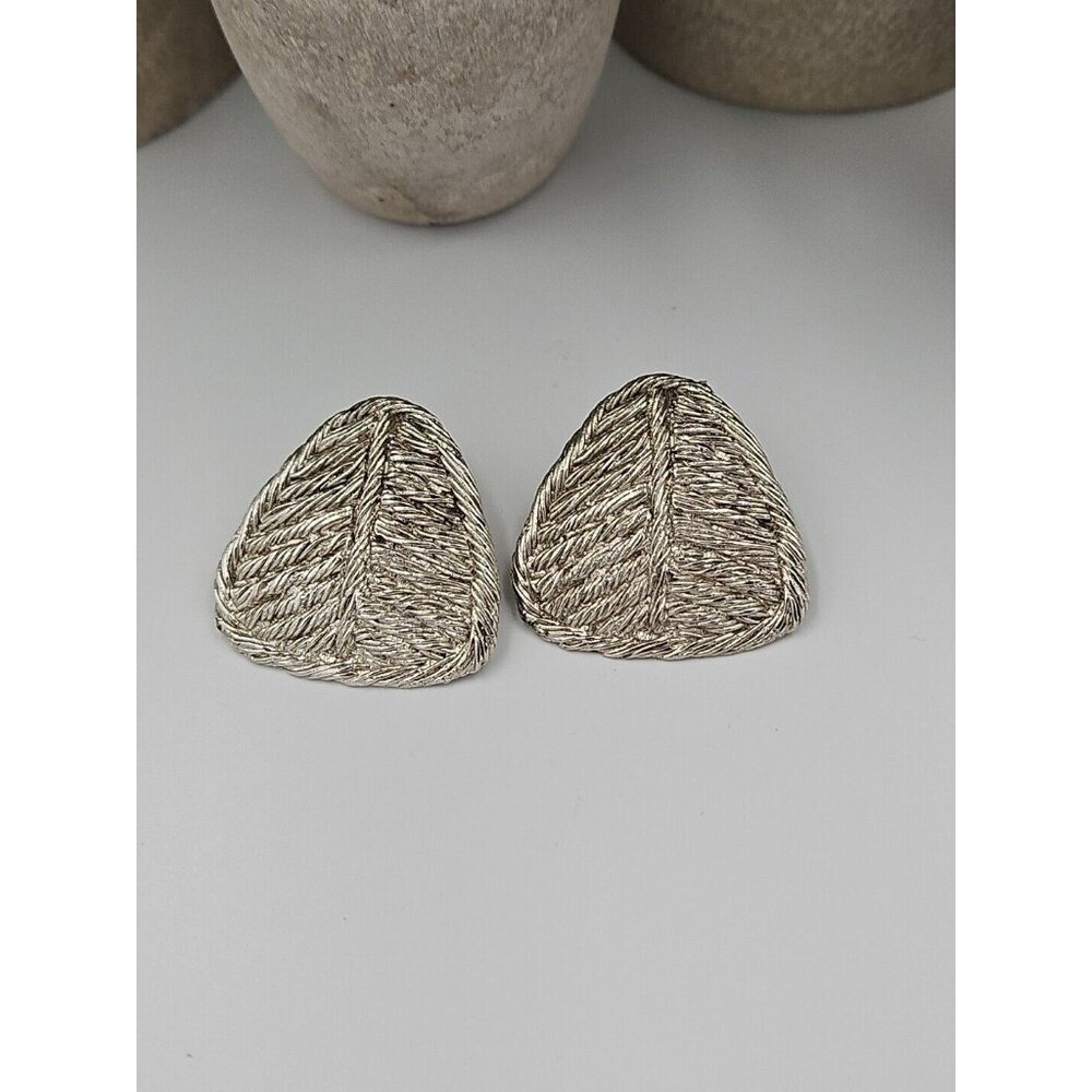 Vintage Silvertone Earrings Woven Look Triangle Shape Post‎ Back